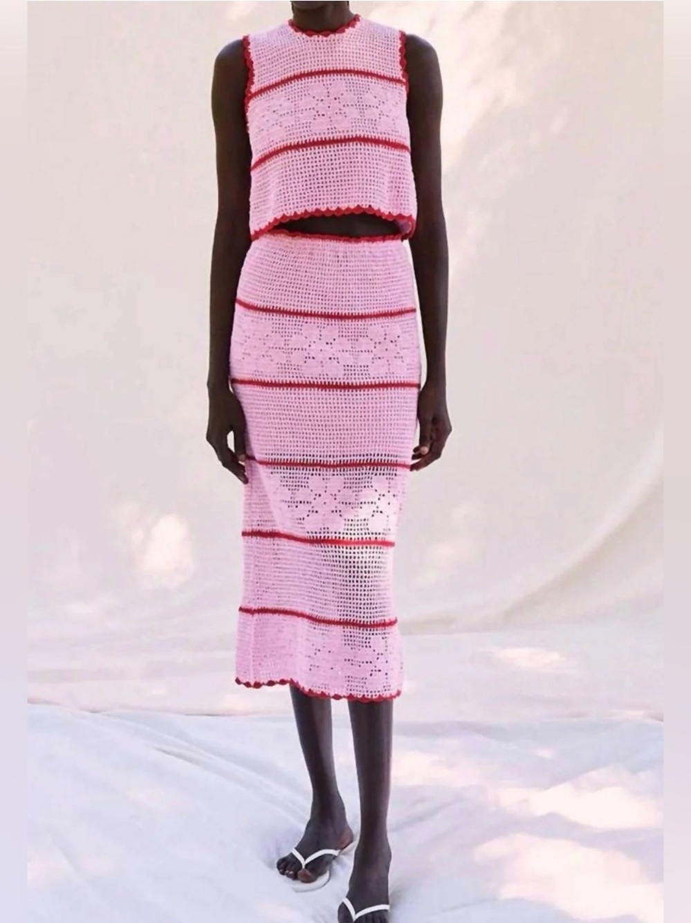 NWT SAYLOR FRAN COTTON CROCHET TOP MIDI SKIRT TWO PIECE SET SZ S / 4 PINK RED